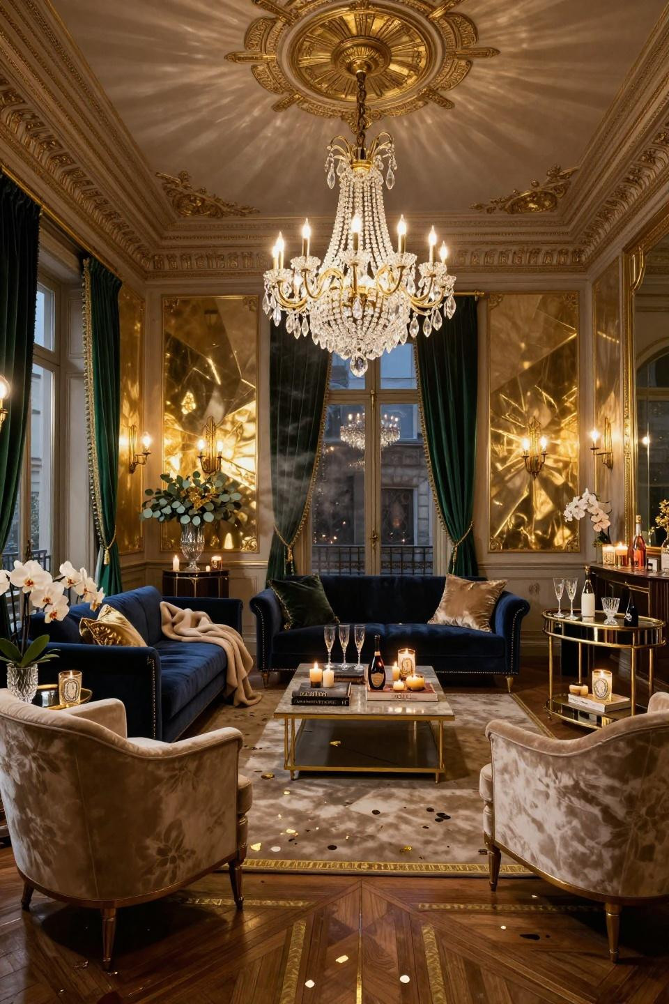 New Year's Eve decoration ideas with Baccarat crystal chandelier in lacquered Art Deco interior