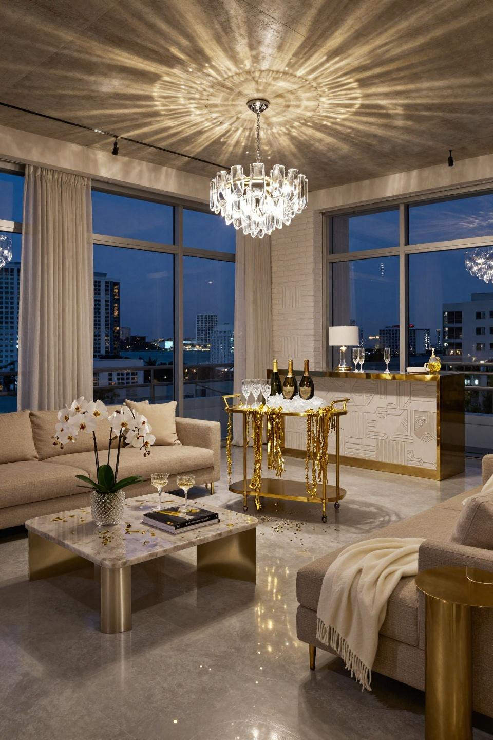 Christmas party decorations with custom champagne gold Ralph Lauren Home bar cart in Miami loft