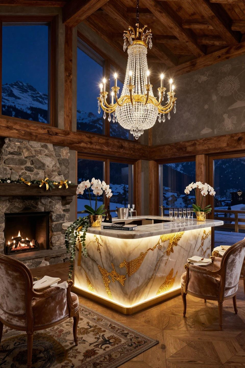 Christmas aesthetic featuring custom backlit onyx bar with 24k gold leaf in Swiss chalet