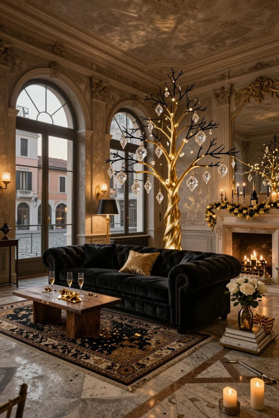 Christmas tree ideas featuring seven-foot champagne gold metal sculpture with Baccarat ornaments
