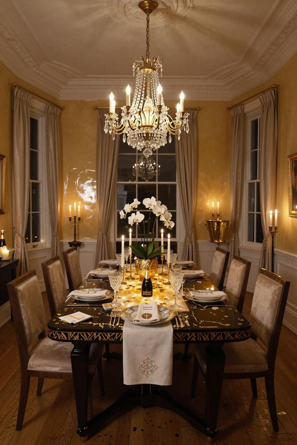 Christmas table decorations featuring backlit honey onyx and Baccarat crystal in London townhouse