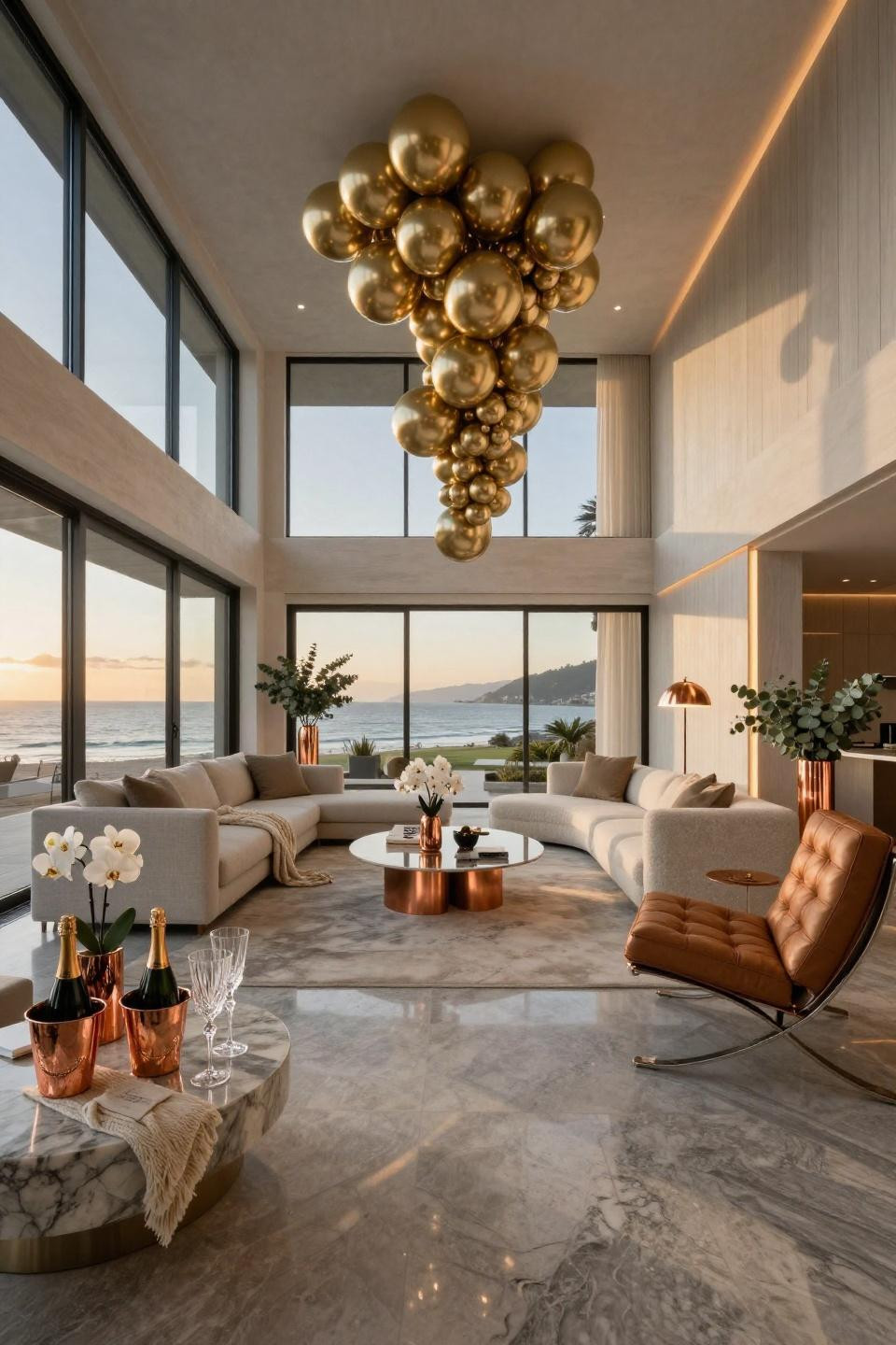 New Years Eve party ideas with sculptural champagne gold balloons in California beach house