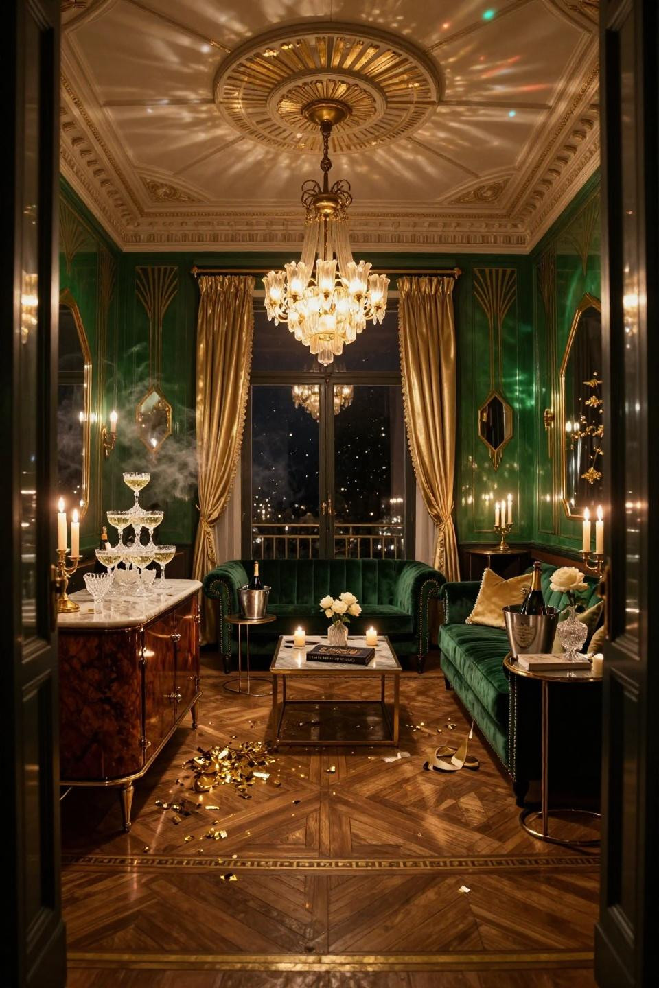 New Years Eve decorations with Baccarat crystal champagne tower in Parisian Art Deco interior
