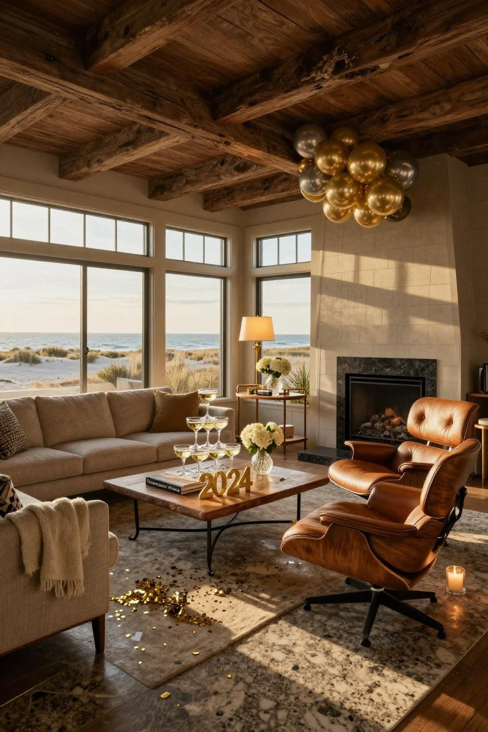 New year decorations ideas featuring sculptural champagne gold balloon installation in Hamptons beach house