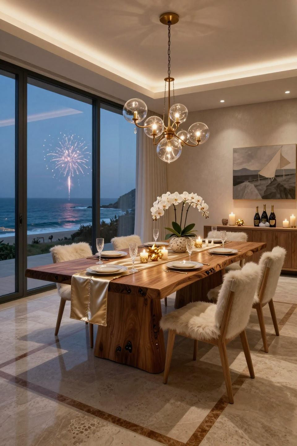 New Year's Eve Table Setting with live-edge teak and Lindsey Adelman Cherry Bomb lighting