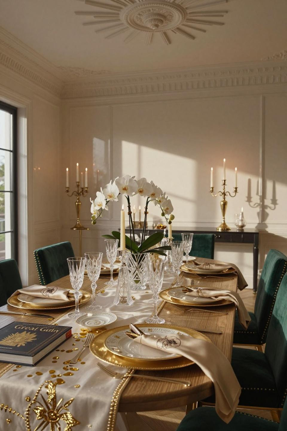 New Year's Eve Table Setting with champagne gold chargers and Baccarat crystal