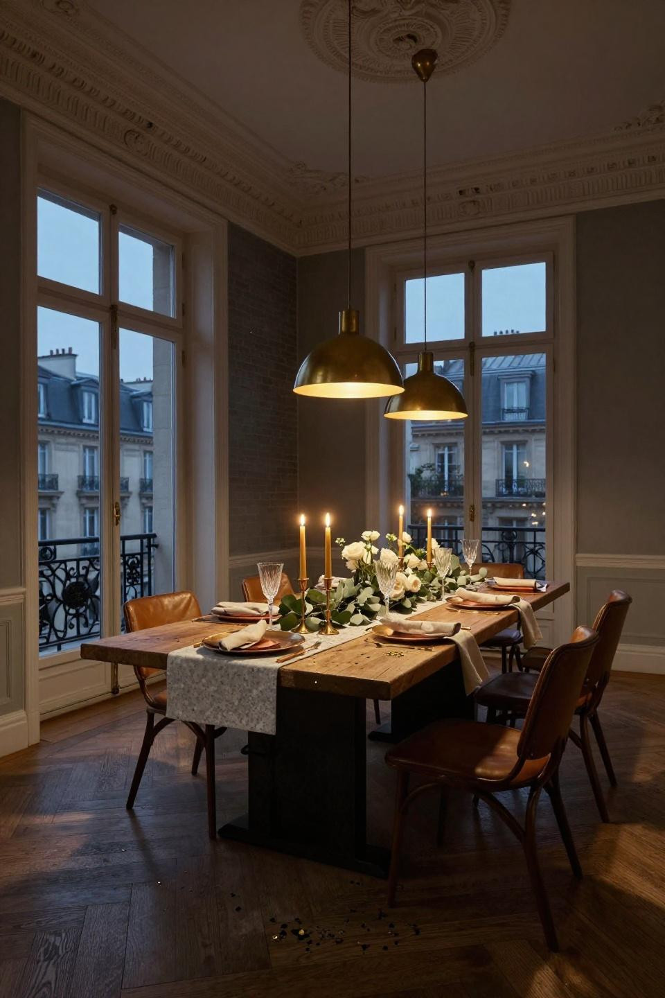 New Year's Eve Table Setting with reclaimed wood table and quartzite runner