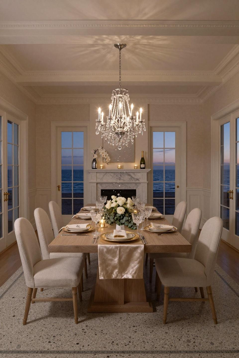 New Year's Eve Table Setting with terrazzo flooring and Visual Comfort Gramercy chandelier