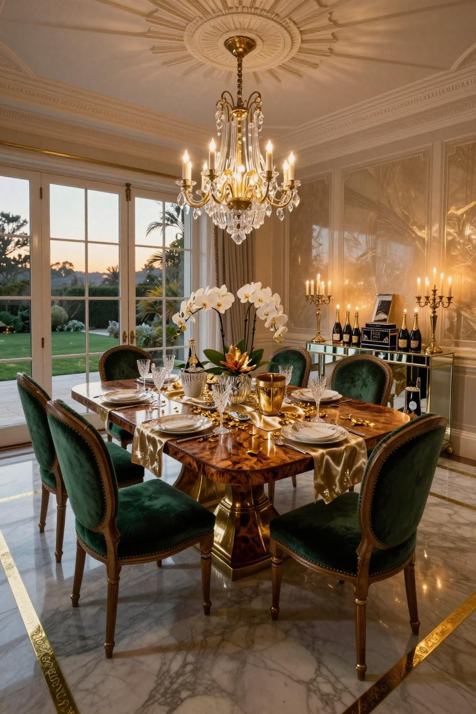 New Year's Eve Table Setting with walnut burl table and Apparatus Cloud lighting