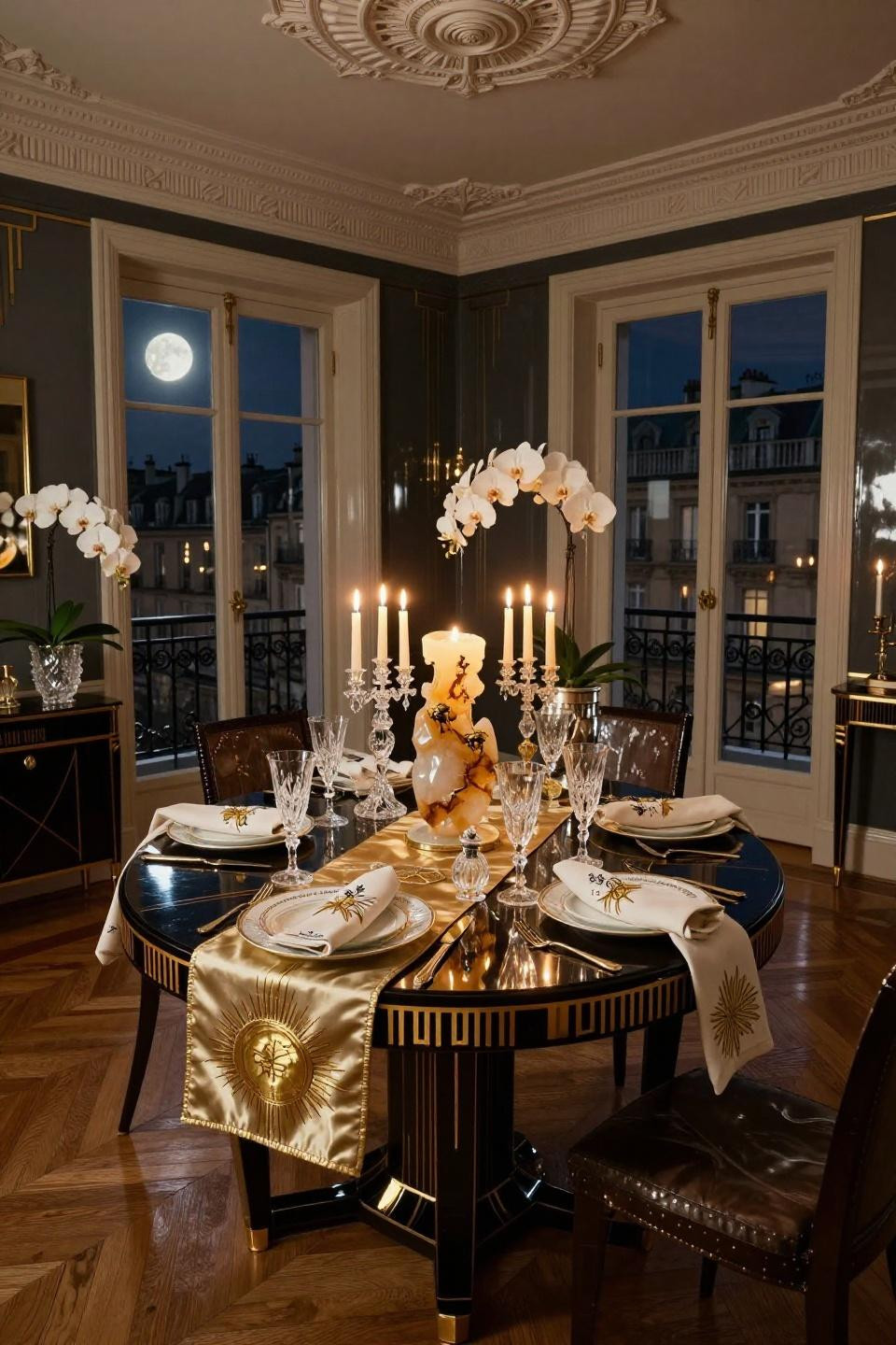 New Year's Eve Table Setting with book-matched ebony and 24k gold geometric inlay