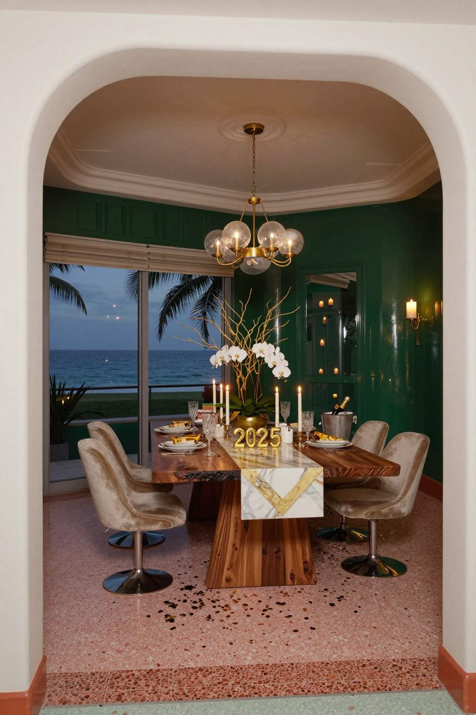 New Year's Eve Table Setting with live-edge walnut and Calacatta Gold marble inlay