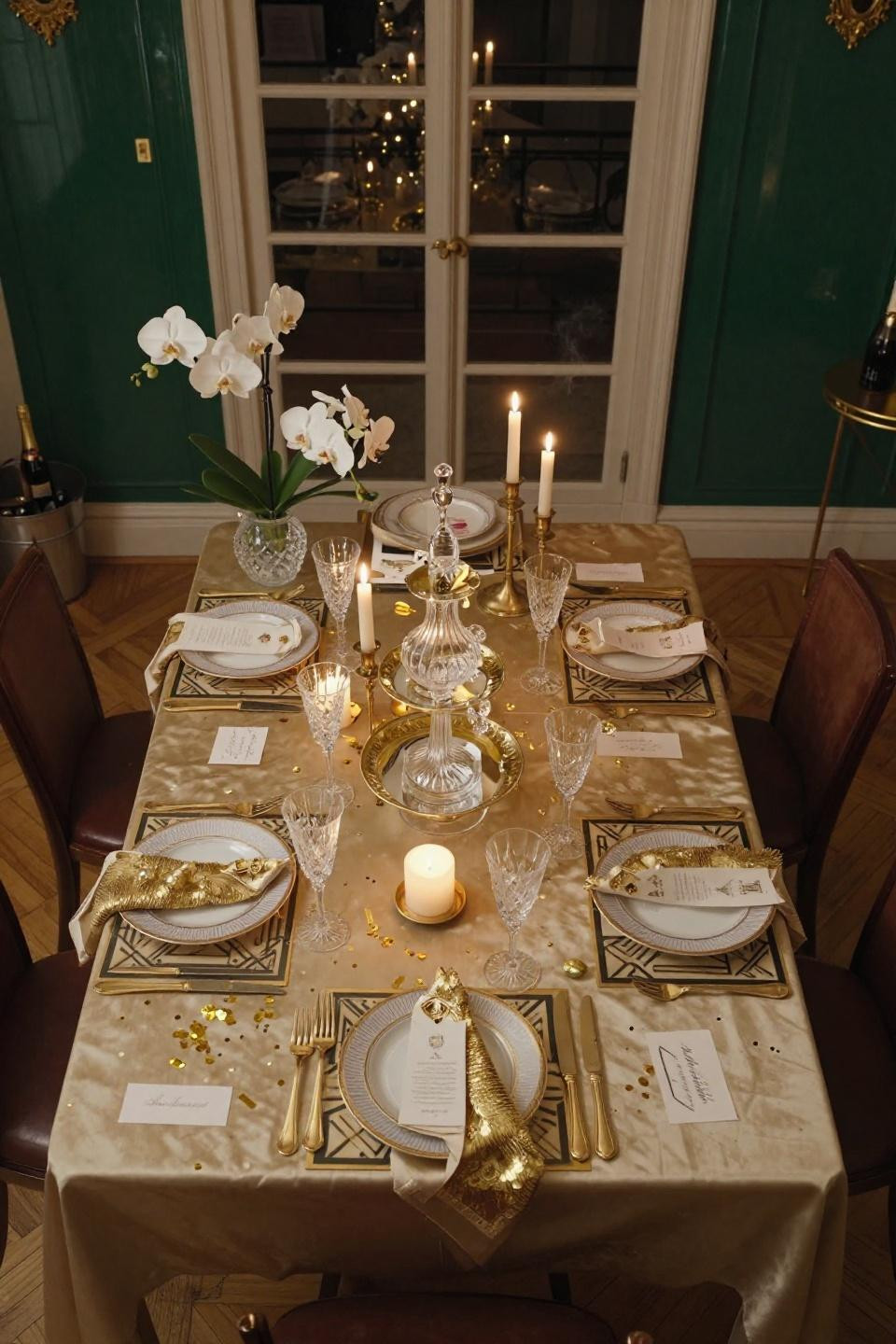 New Year's Eve Table Setting with champagne gold silk charmeuse and Baccarat crystal