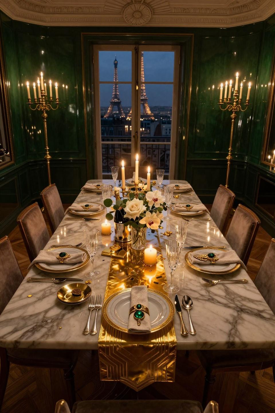 New Years Decoration Ideas with backlit onyx runner and Art Deco symmetry