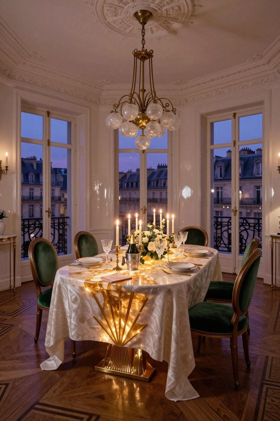 New Years Eve Table Setting with honey onyx table and Lindsey Adelman lighting