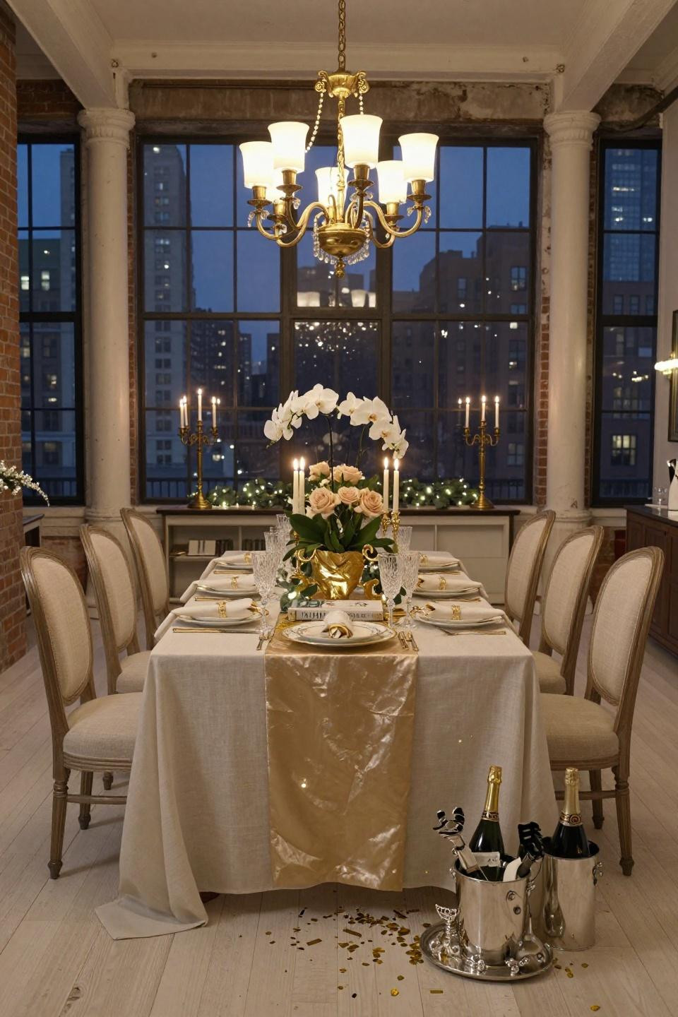 Nye Table Setting with champagne gold runner and Manhattan skyline views