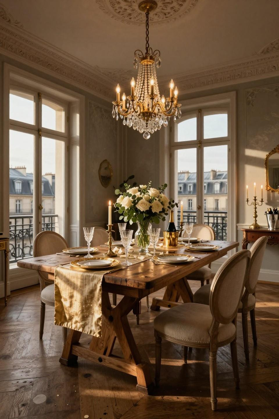 New Year's Eve Table Decor with reclaimed French oak and gold leaf chargers