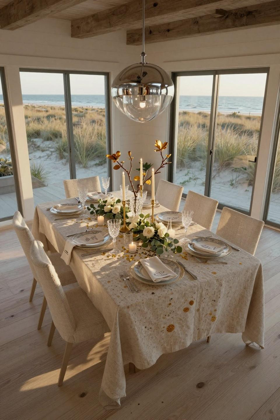 New Years Eve Tablescape with champagne terrazzo runner and brass candlesticks