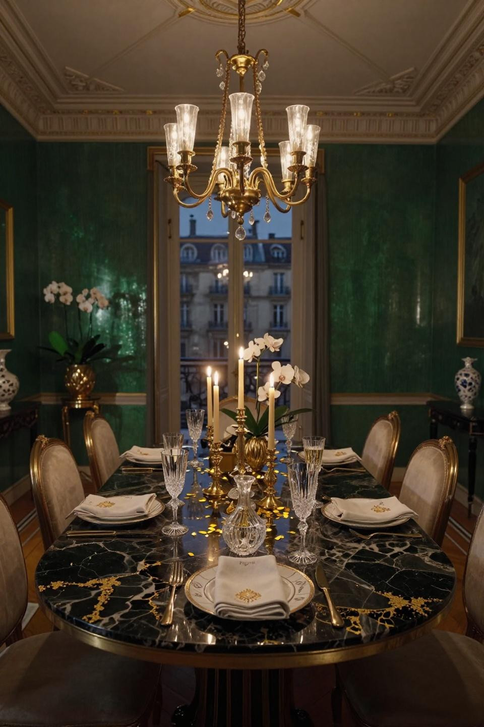New Year Dinner Table with backlit black onyx and gold leaf base
