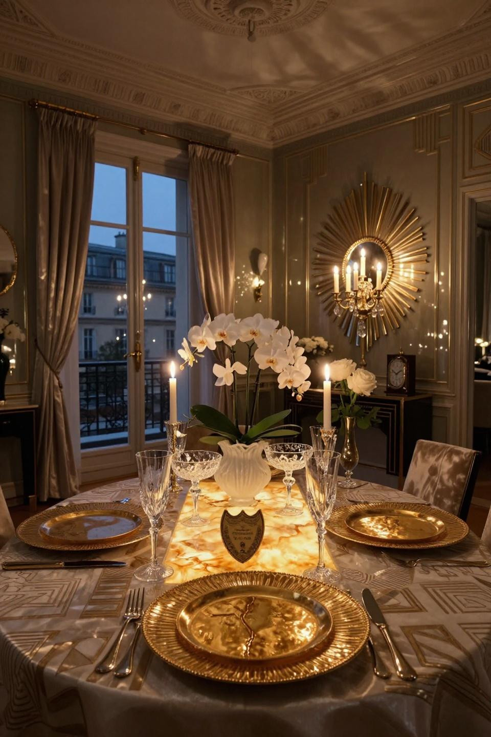 New Year's Eve Table Setting with backlit onyx runner and Baccarat crystal