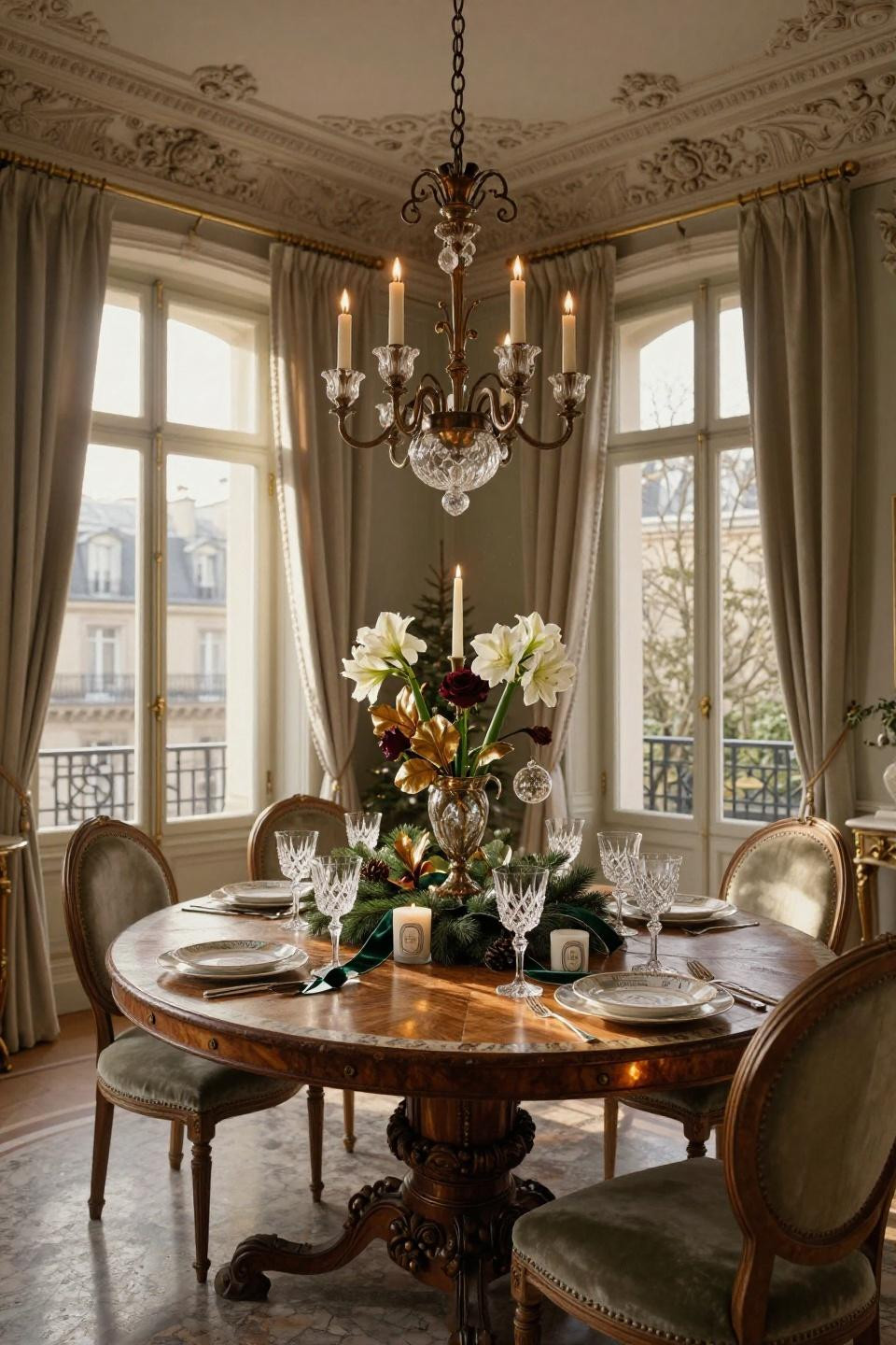 Christmas centerpieces for dining table featuring bronze candelabra and garden roses