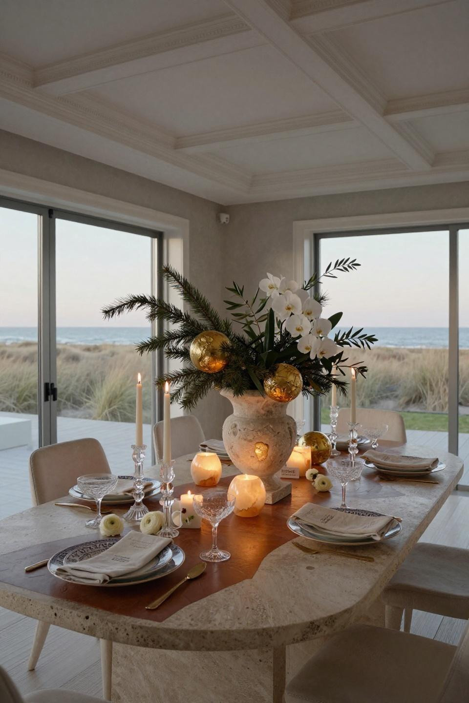 Christmas centerpieces for dining table featuring Jerusalem stone and gold leaf accents
