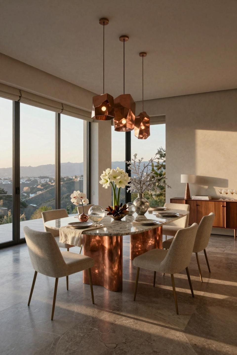 Christmas centerpieces for dining table featuring aged copper and quartzite materials