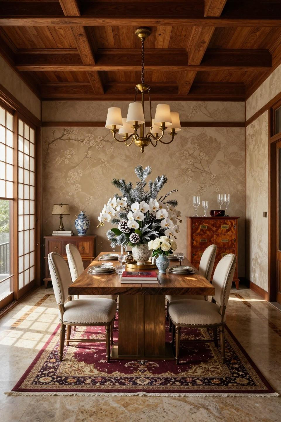 Christmas table centerpieces ideas featuring white orchids and bronze tray on travertine