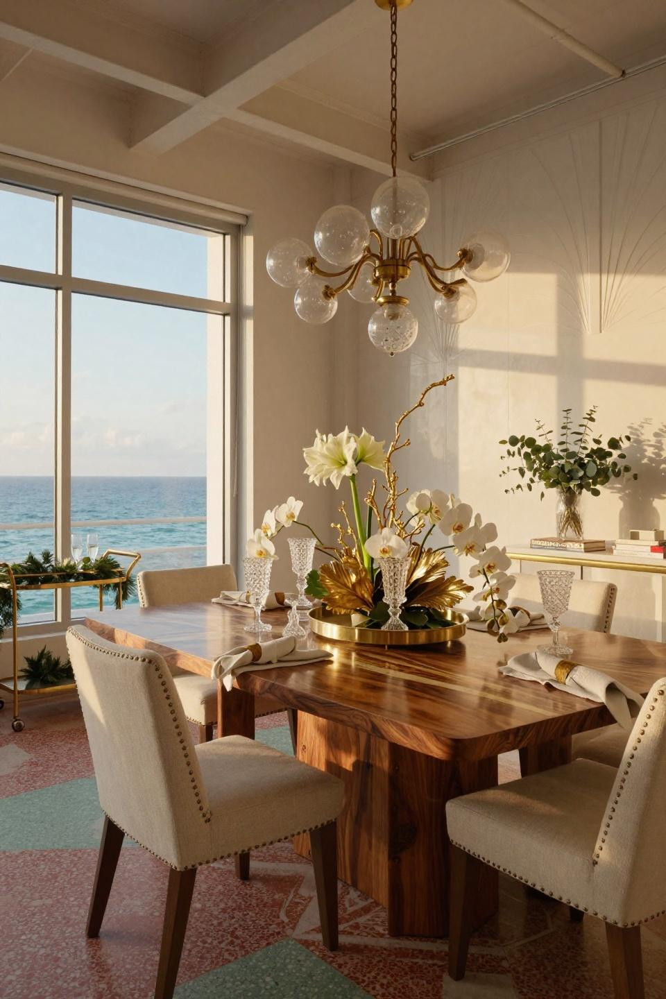 Holiday centerpieces Christmas featuring backlit onyx and gold-dipped botanicals