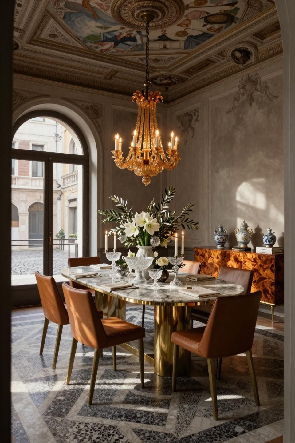 Xmas centerpiece ideas featuring Calacatta Gold marble and Carrara candelabras