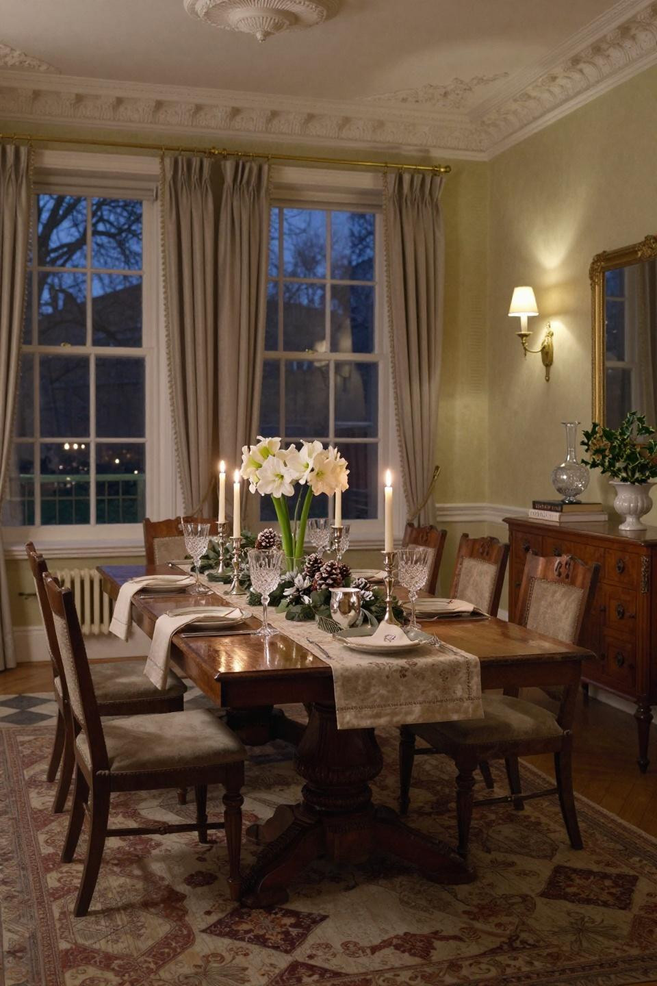 Christmas tablescapes ideas centerpieces featuring French limestone and mercury glass