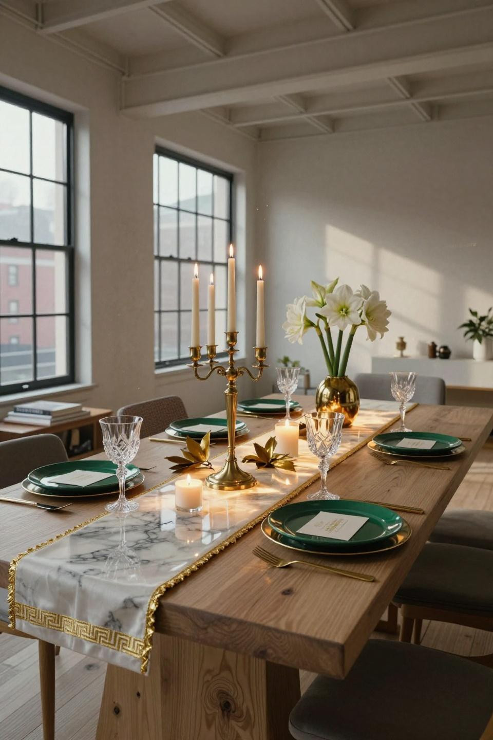Christmas table centerpieces elegant with backlit onyx runner and brass candelabra