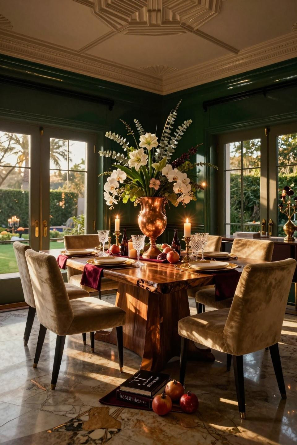 Christmas centerpieces for dining table featuring cascading amaryllis in aged copper vessel