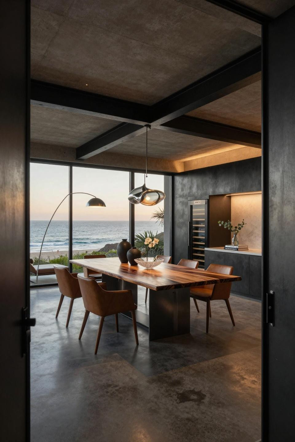 Kitchen island decor principles applied to dining with Apparatus Axiom sculptural light fixture