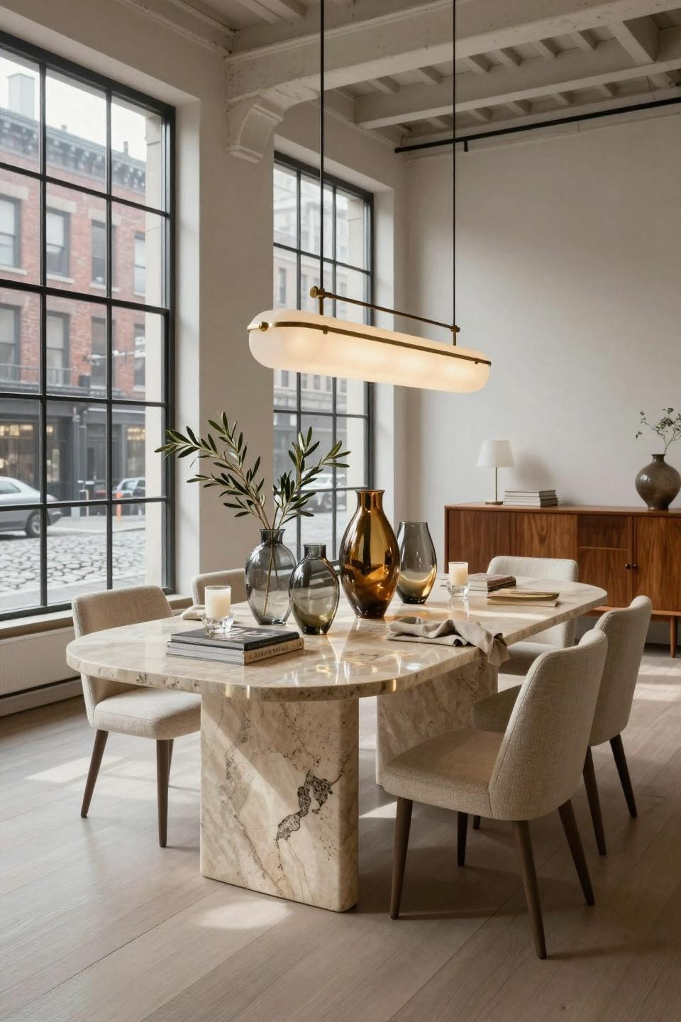 Dinner table decor everyday featuring commissioned bronze sculpture and Murano glass vessels