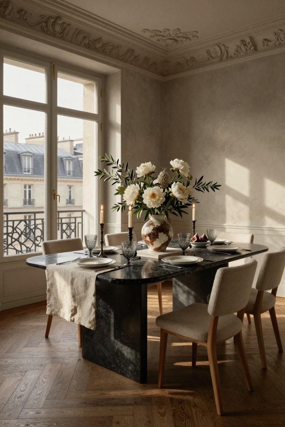 Cozy farmhouse living room adjacent dining space with sculptural floral centerpiece in ceramic vessel