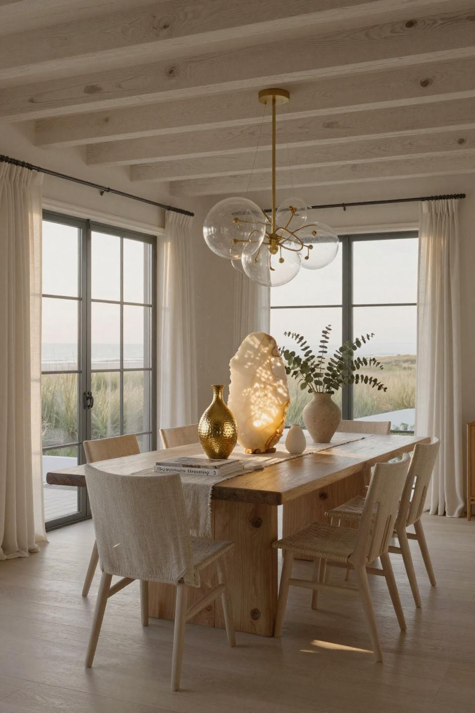 Dining table top decor featuring backlit honey onyx sculpture and brass vessels
