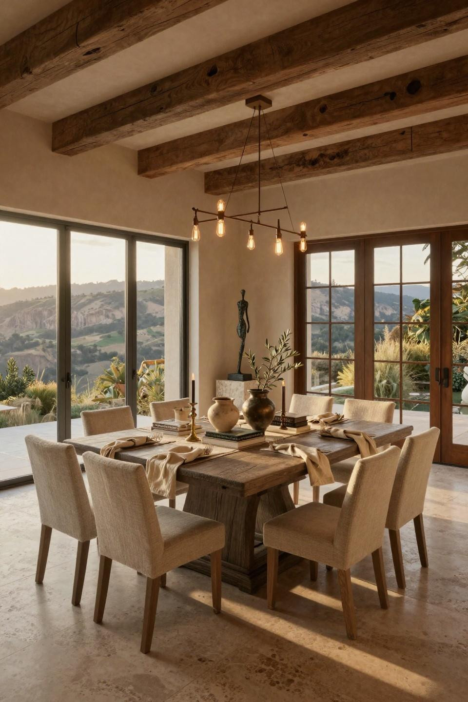 Dinner table centerpiece ideas featuring bronze Giacometti-inspired sculpture on travertine pedestal