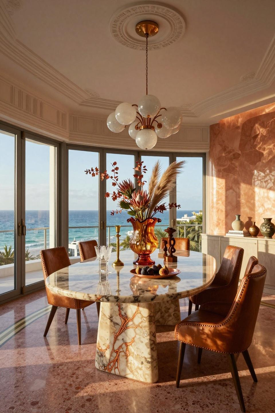 Dining room table centerpiece ideas featuring Archimede Seguso Murano glass vessel with architectural floral arrangement