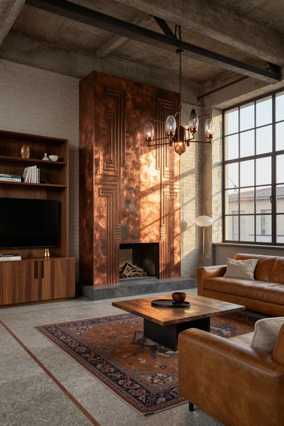 TV in corner of living room layout with aged copper and walnut built-ins