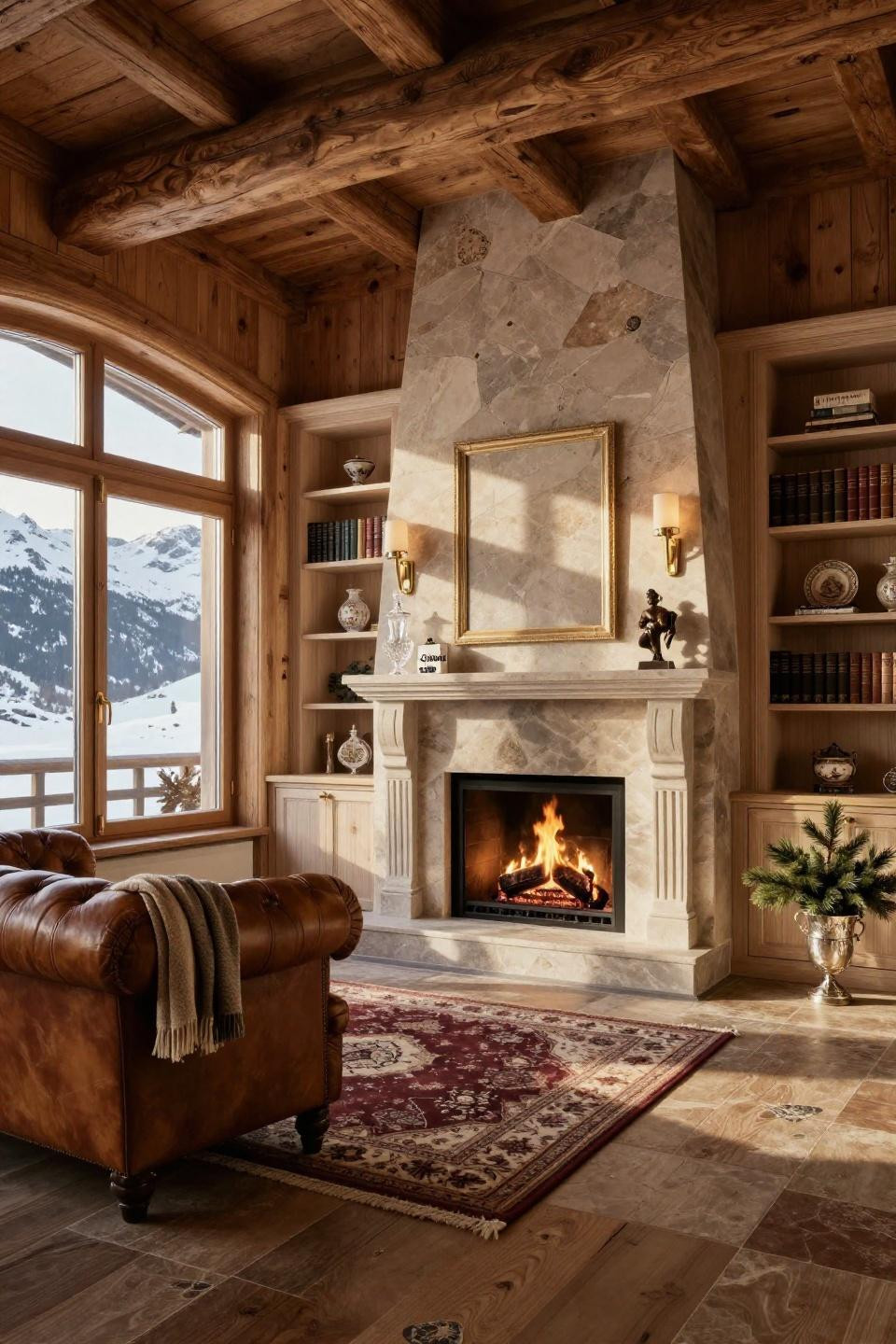 TV in corner of living room layout with book-matched French limestone and cerused oak