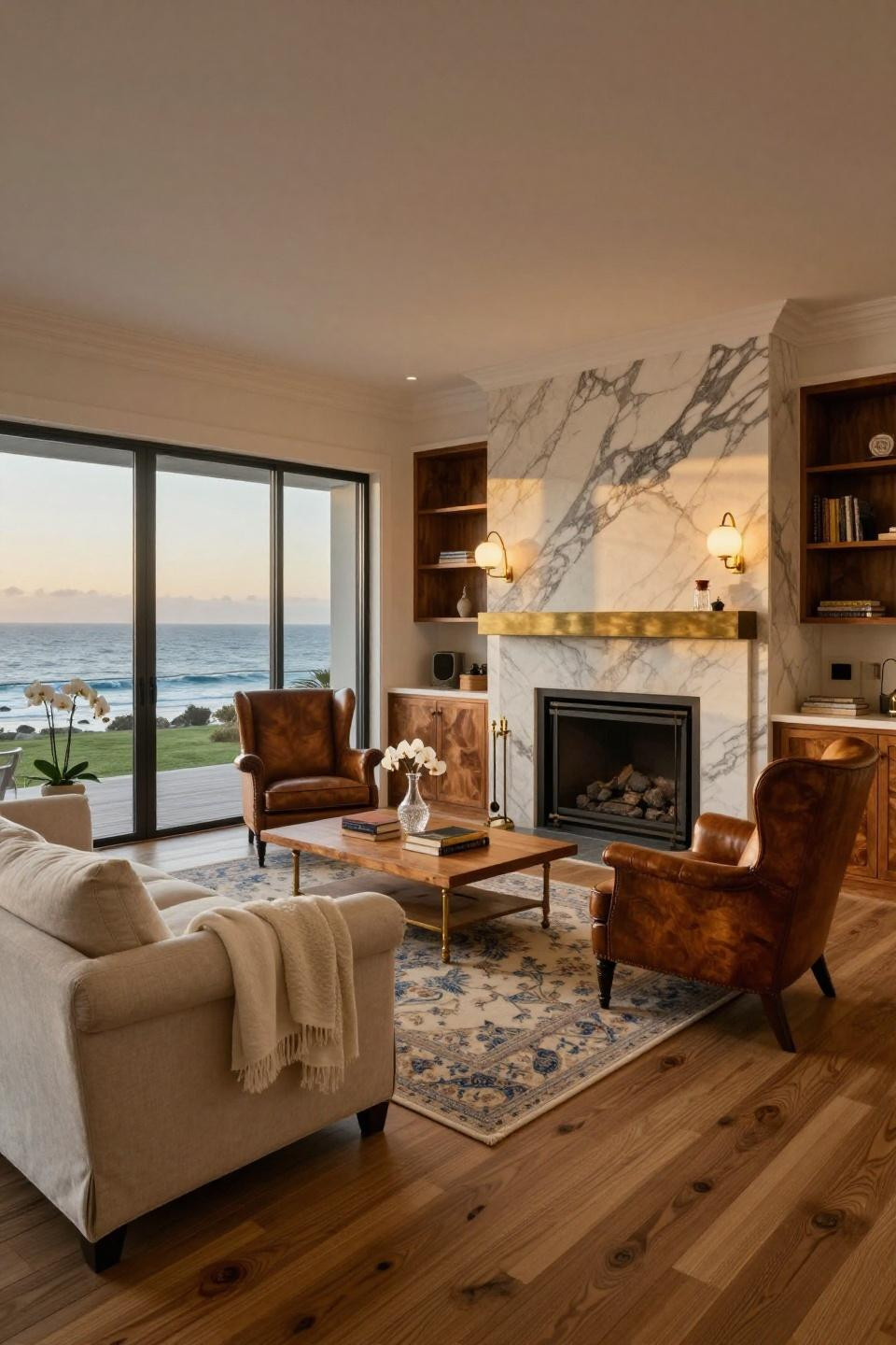 TV in corner of living room layout with book-matched Calacatta Gold marble and brass
