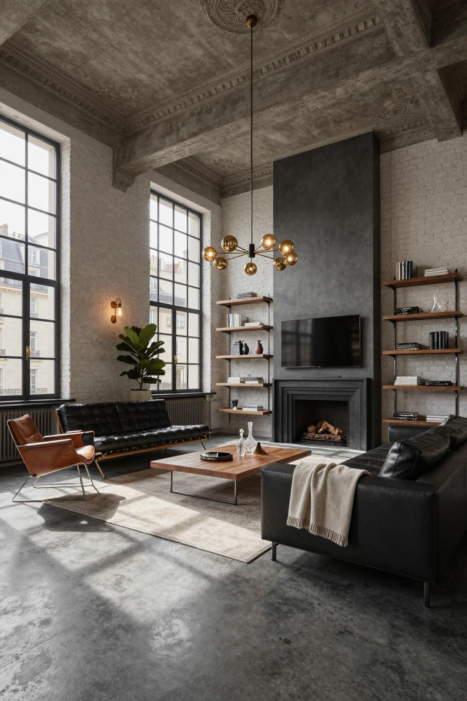 TV in corner of living room layout with blackened steel and concrete
