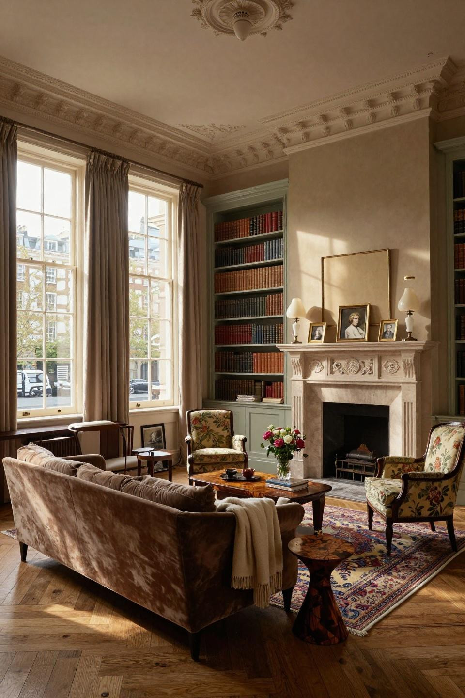 TV in corner of living room layout with French limestone and painted paneling