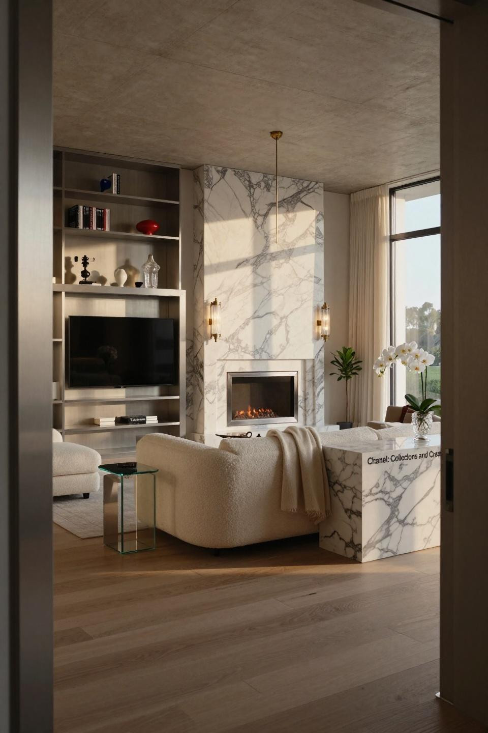 TV in corner of living room layout with book-matched Calacatta Statuario porcelain