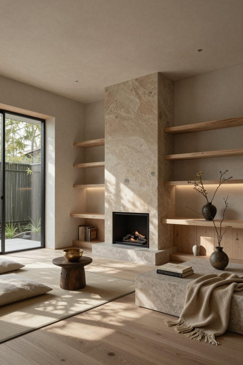 TV in corner of living room layout with honed Jerusalem limestone and blackened steel