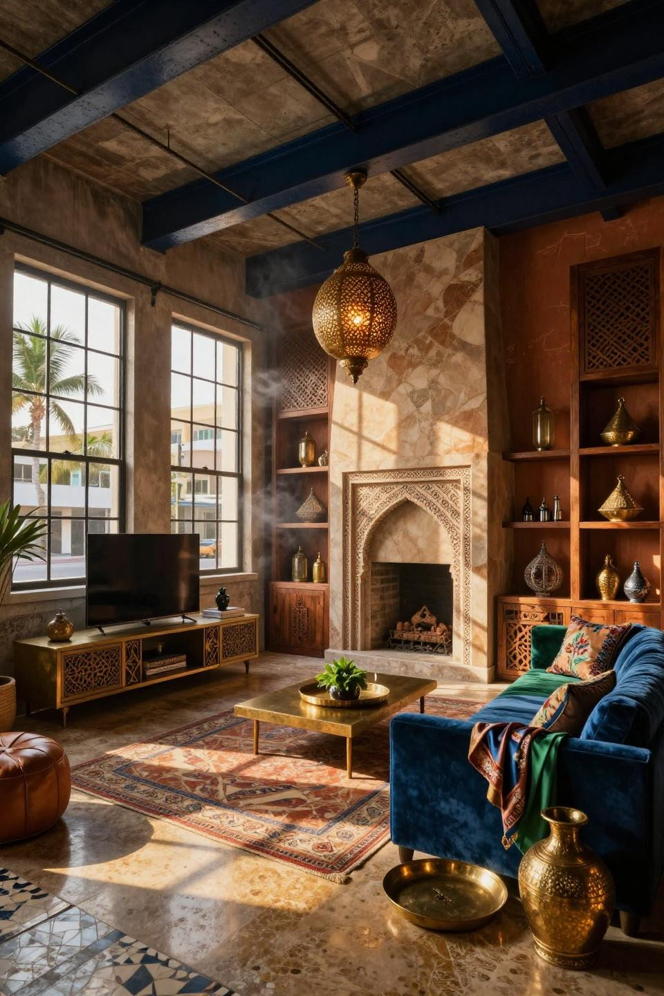 TV in corner of living room layout with hand-carved travertine Moroccan patterns