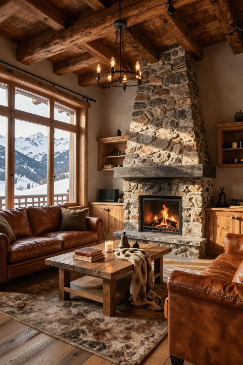 TV in corner of living room layout with hand-chiseled Swiss granite