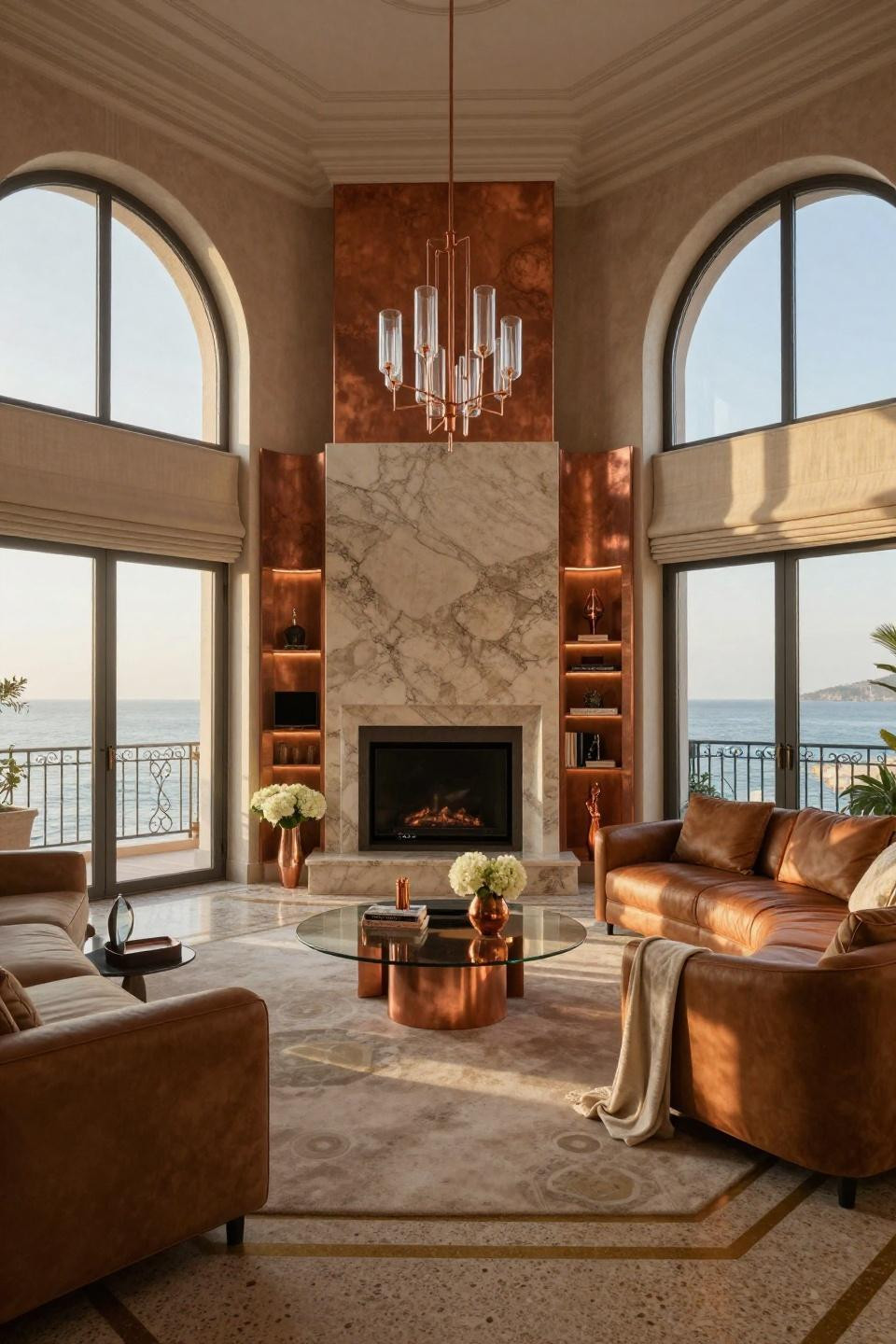 TV in corner of living room layout with honed quartzite and copper surround