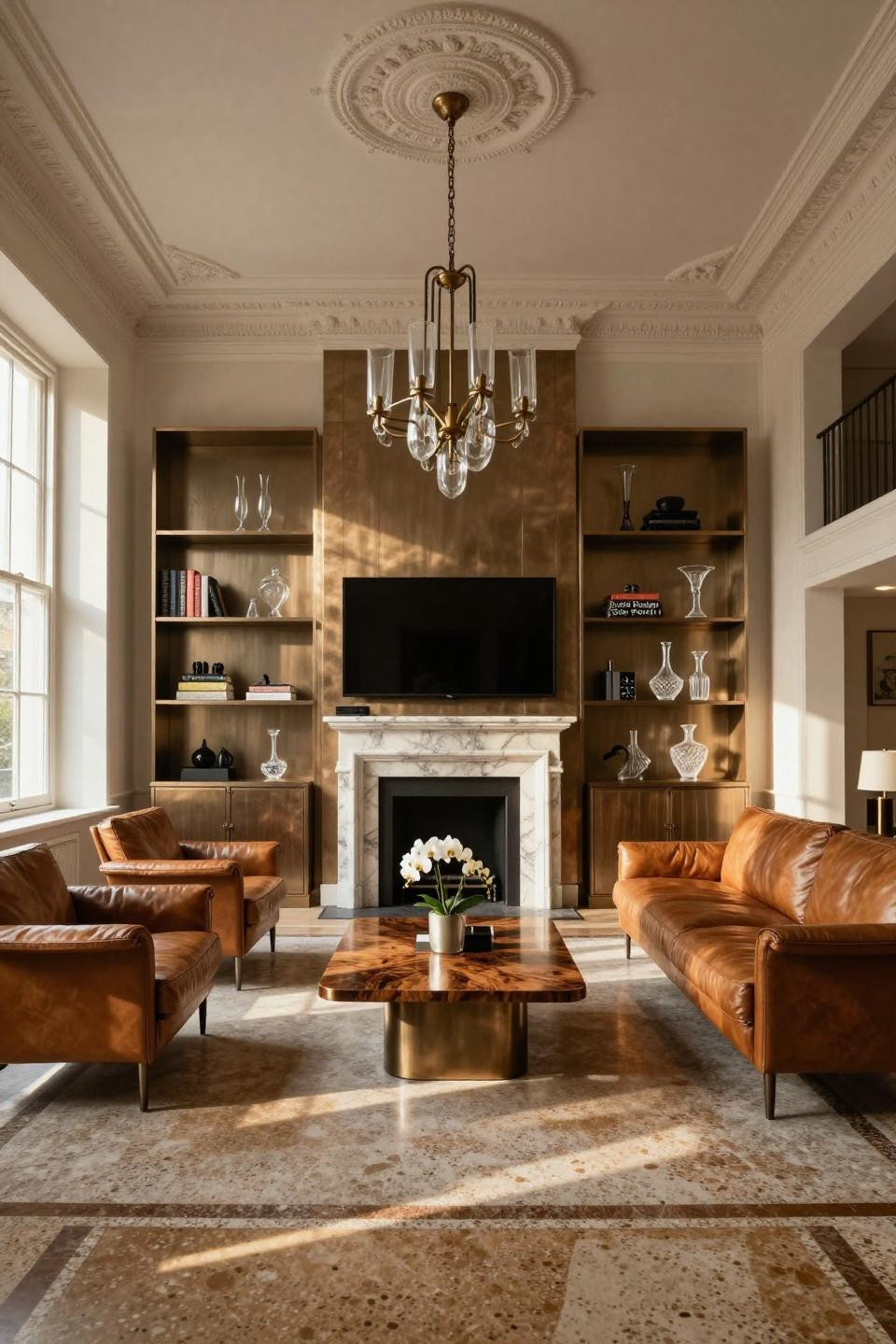 TV in corner of living room layout with terrazzo Veneziano and aged bronze