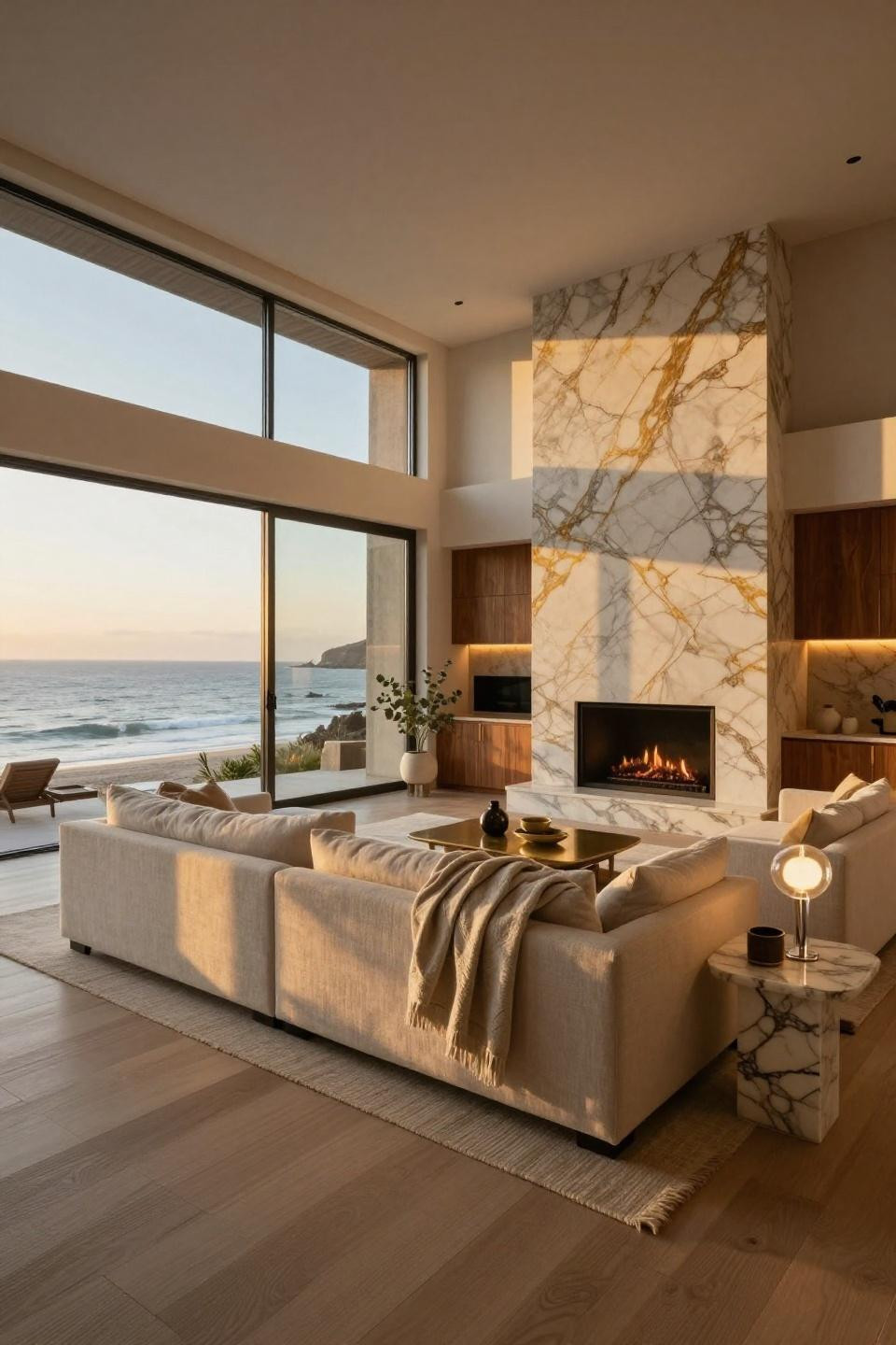 TV in corner of living room layout with book-matched Calacatta Gold marble